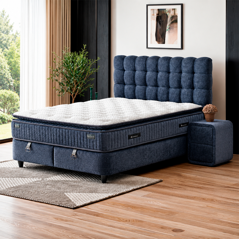 Upholstered bedroom with mattress ROYAL 160 x 200 - dark blue